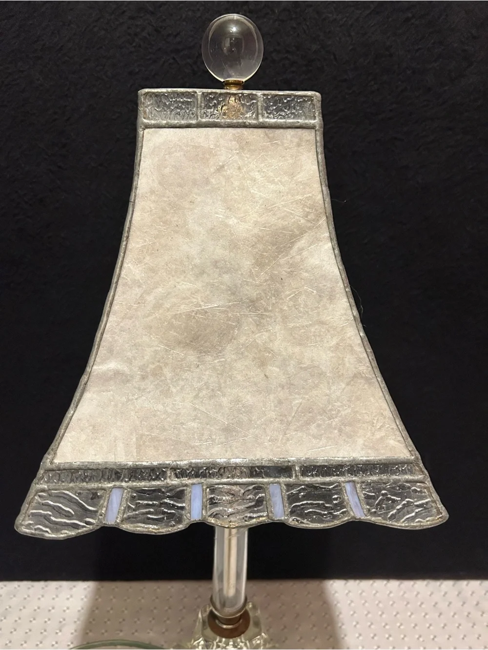 Vintage Glass Base Table Lamp with White Stained-Glass Shade Etched Glass Shaft